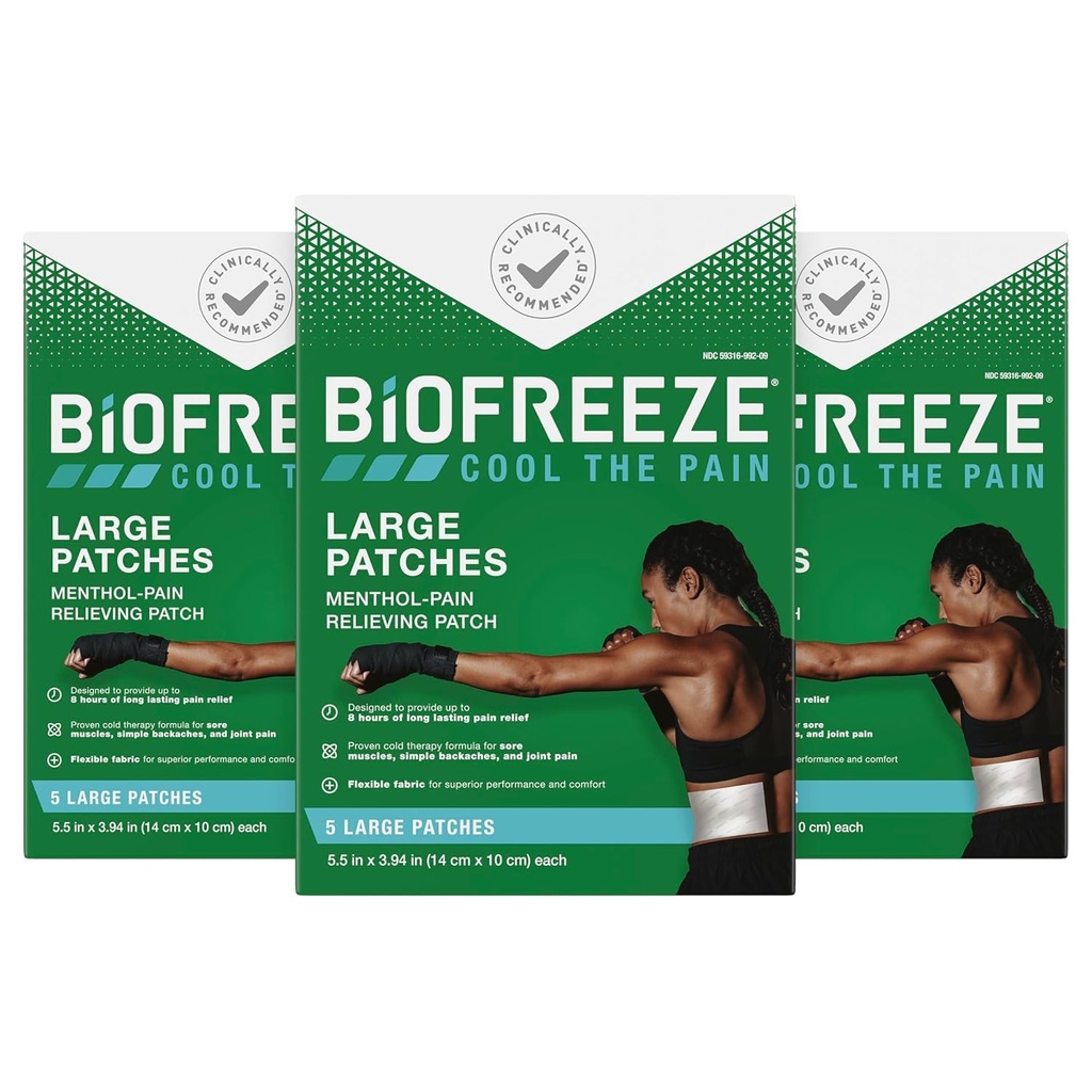 Biofreeze pijnverlichting Patches, Artritis pijn Reliver, knie & lagere rug pijn verlichting Patch, pijn van de spieren, pijn van de nek, FSA in aanmerking komen, 3 Pack (5 Biofreeze Menthol Patches)