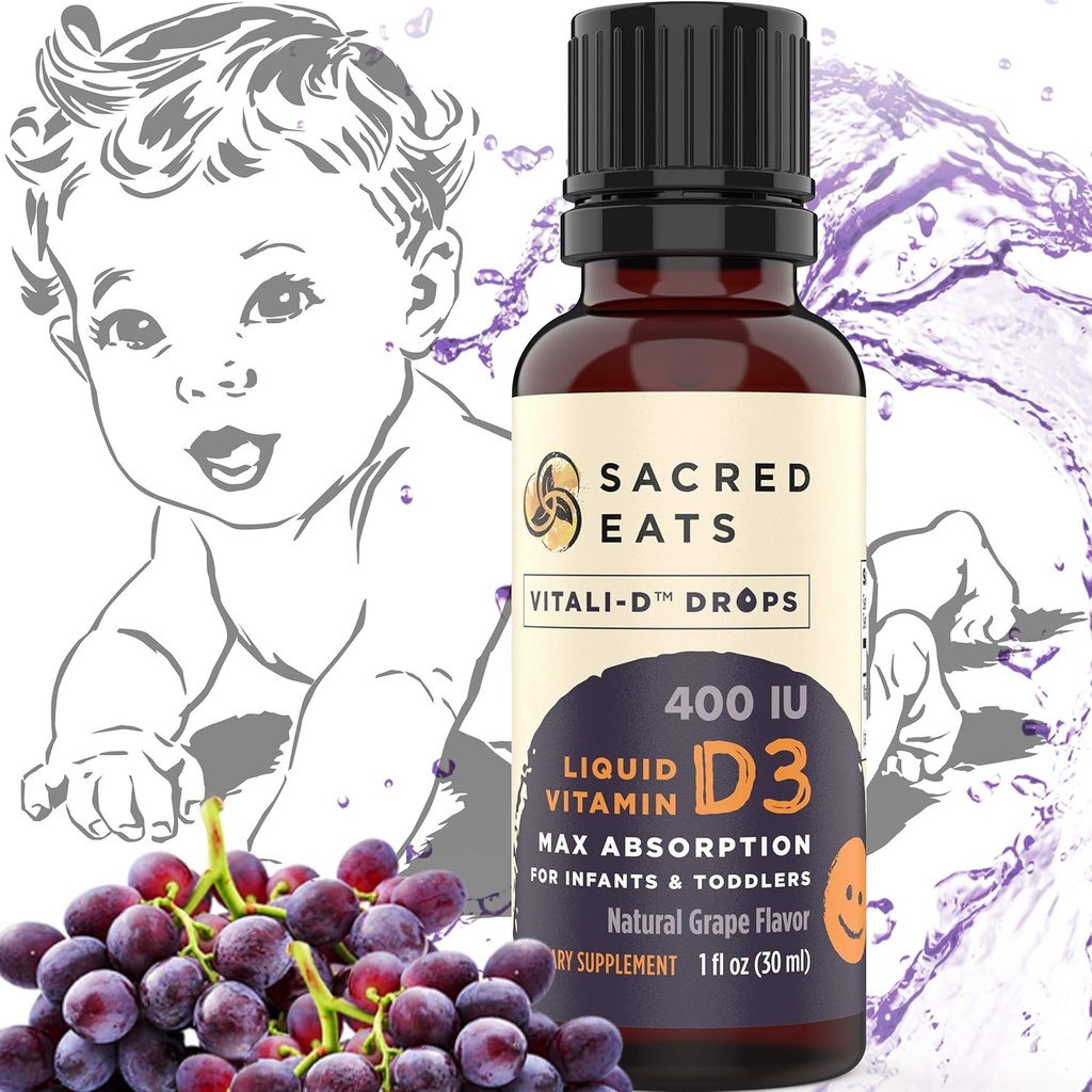Vitamine D druppels voor zuigelingen - 400 IE per druppel, natuurlijk en suikervrij in MCT-olie voor de beste absorptie. 880 Diners. Eenvoudig te nemen vloeibare D3 supplement voor baby & peuter (Grape)