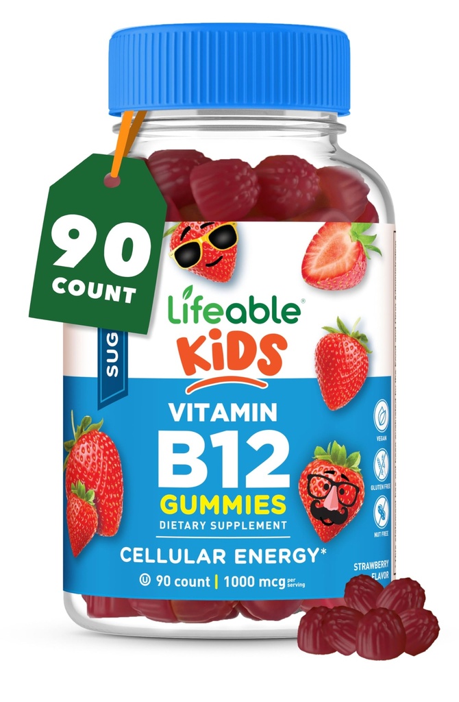 Enfants sans sucre vivace Vitamine B12 Gummées (1000 mcg) Grande dégustation B12 Vitamines pour les enfants (90 Gummées)