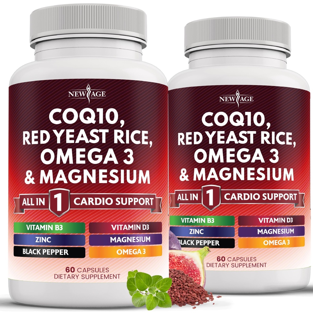 NEW AGE COQ10 200mg Red Gist Rice 3000mg Omega 3-6-9 3000mg Magnesium Complex 500mg Zink Vitamine K2 D3 - Vitaminen voor vrouwen en mannen met vitamine B3, Coenzym Q10-120 Tel.