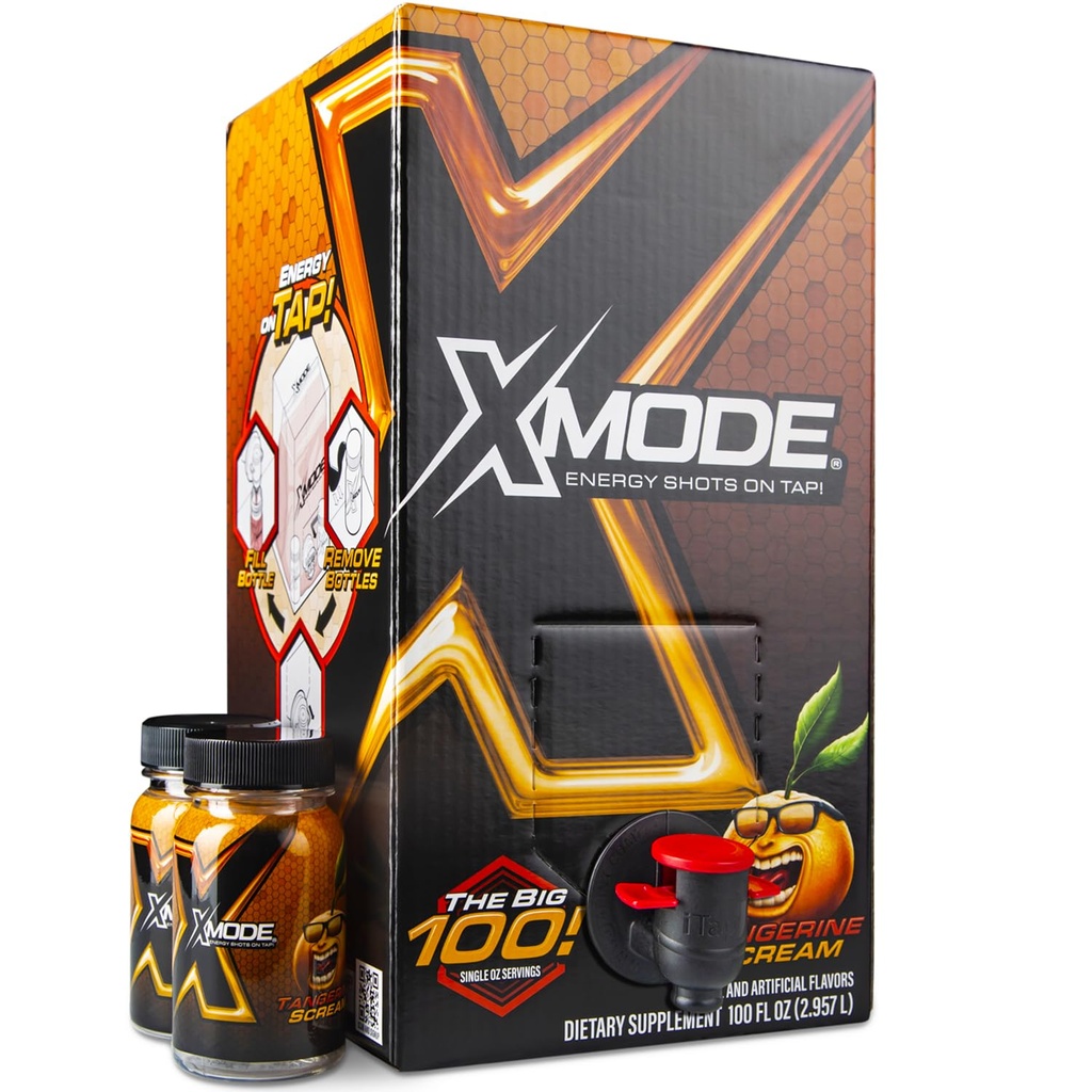 XMODE Extra sterkte energie Shots op Tap - Tangerine smaak, Suikervrij, 150mg Cafeïne per oz, B12, 100 (1oz) Dispenser met 2 Hervulbare flessen