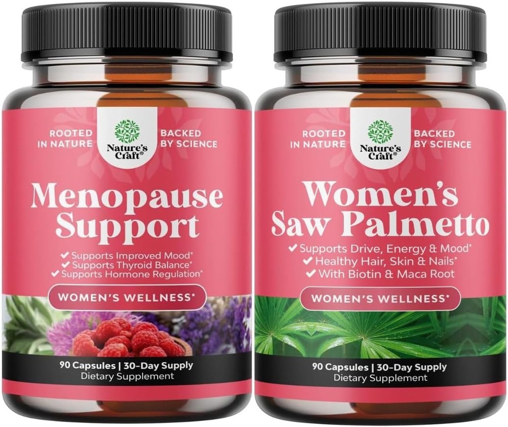 Ensemble de supplément de ménopause pour flashs chauds avec Dong Quai Vitex Chaste Berry & Black Cohosh & Extra Strength Saw Palmetto pour les femmes 500mg - DHT Blocker Supplément de perte de cheveux avec Maca Root & Biotin