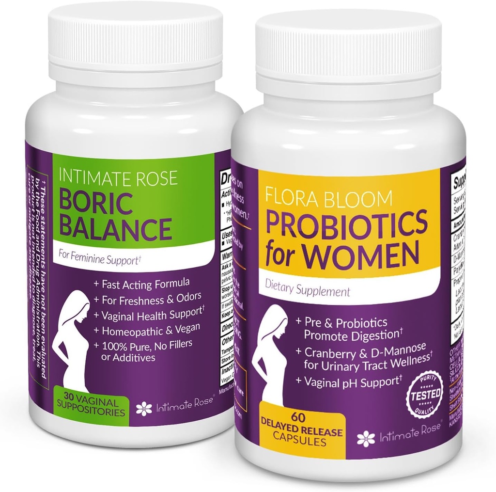Intieme Rose Combo Pack! Flora Bloom Probiotica voor vrouwen (één fles) en Boric Balance Boric Acid (één fles) 2 Pack