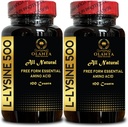 L-LYSINE 500 - Aminozuur Vitamine Supplement, menopauze energie supplementen voor vrouwen, vrije vorm aminozuren supplement, bevordert integriteit van de huid en lippen - 2 flessen 200 Tellingen