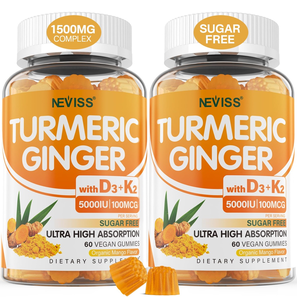 Suikervrije kurkuma Gember Gummies met 5000 IE vitamine D3 & K2 (MK7), C - Vegan Kurkuma supplement Gummies voor volwassenen 1500mg met zwarte peper, ondersteunt bot, immuun- & spijsvertering gezondheid - 120 Ct