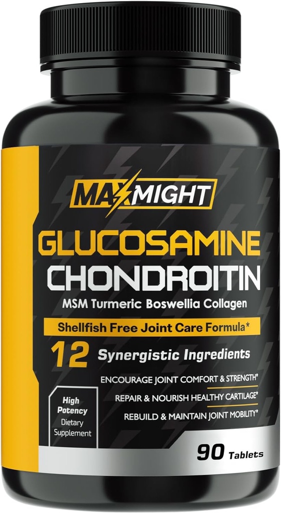 Glucosamine Chondroitin MSM Turmeric, Boswellia, 12-in-1, Joint Comfort, Mobility, Smeermiddel & Strength for Men Women & Senior, 90 Tab, No Shellfish
