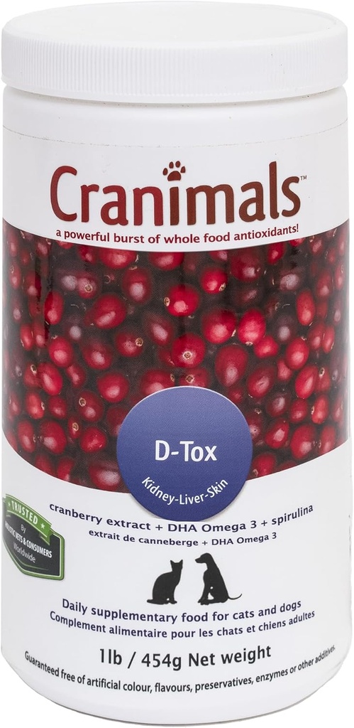 Cranimals D-Tox Multivitamine quotidienne pour chiens, acides aminés super-alimentaires, antioxydants, acides gras DHA, vitamines E, B, D, biotine, minéraux pour soutenir la fonction métabolique, énergie, bien-être animal, longévité
