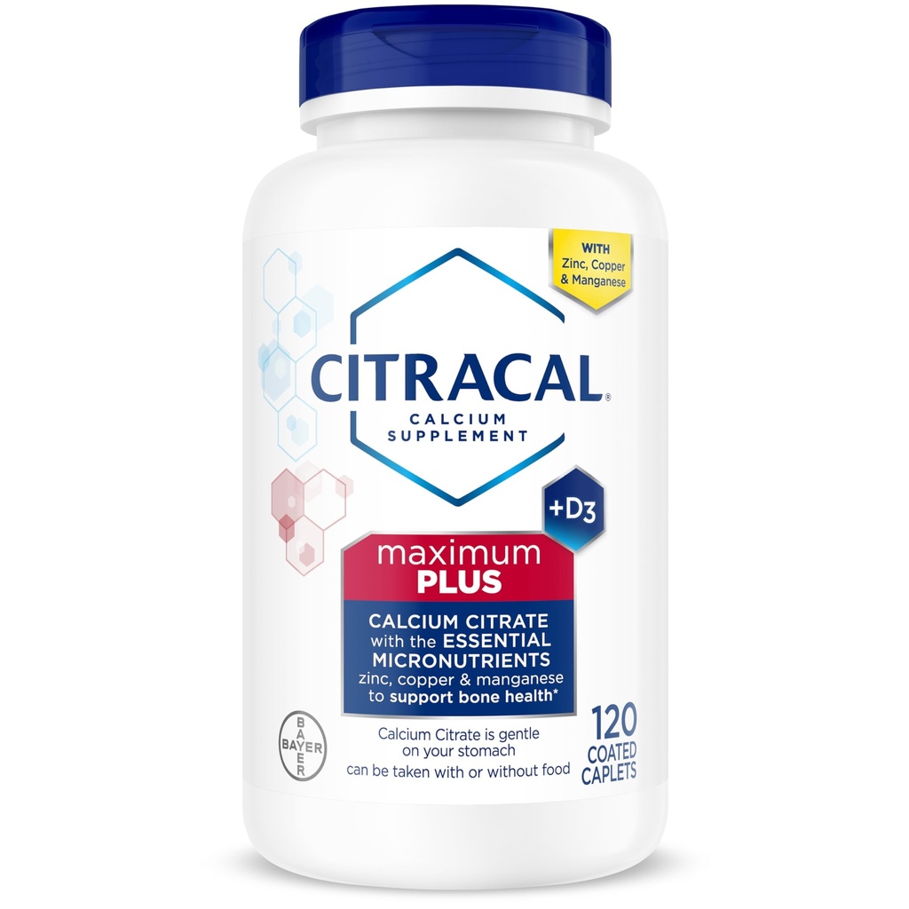 Citracal Maximum Plus, 650 mg Citrate de calcium, facilement absorbé et très soluble avec 25 mcg (1000 UI) de vitamine D3, Bone Health Support, Calcium Supplement for Ages 12+, 120 Compte (Emballage May Vary)