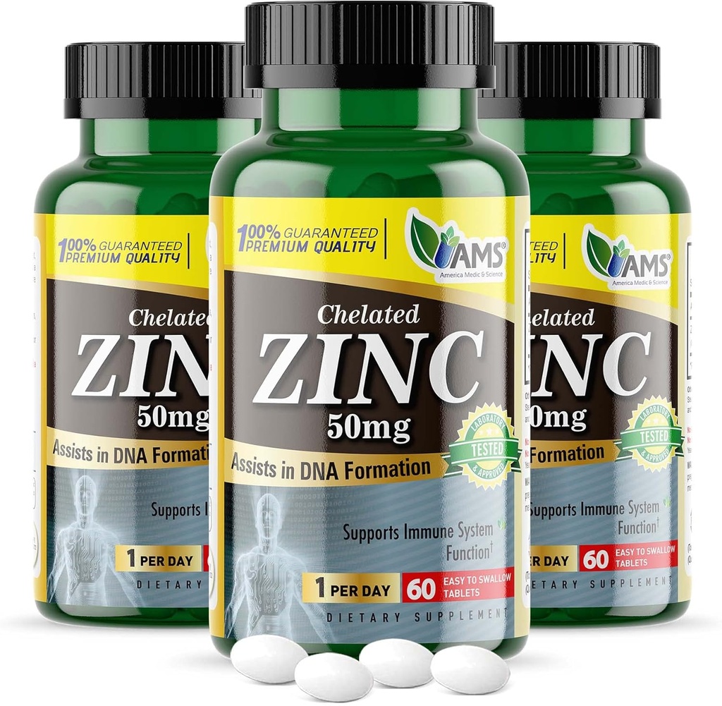 America Medic & Science Chelated Zink 50 mg Supplementen (3 Pack of 60 Tablets) Immuun Booster en krachtige antioxidant pillen voor volwassenen Mannen en vrouwen Zeer absorberende Mineral, Verbetert Mood & Sleep
