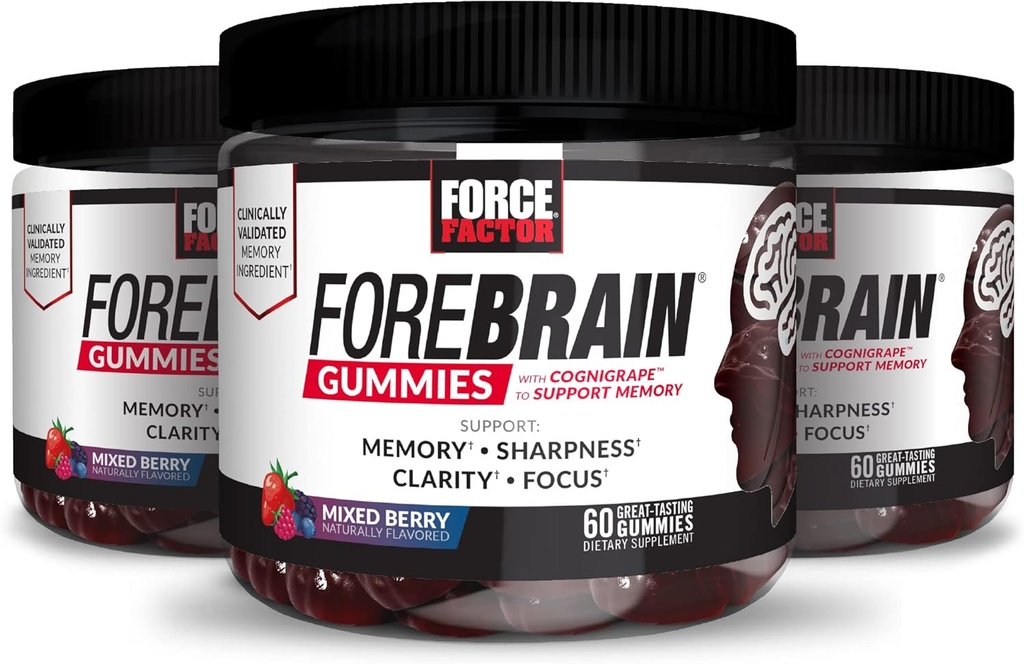 FORCE FACTOR Forebrain Gummies, 3-pack, Nootrope Hersensupport Supplement voor Geheugen & Focus, Hersenen Vitamine met COBNIGRAPE & Huperzine A, Focus Gummies ter ondersteuning Herinnering & scherpte, 180 Gummies