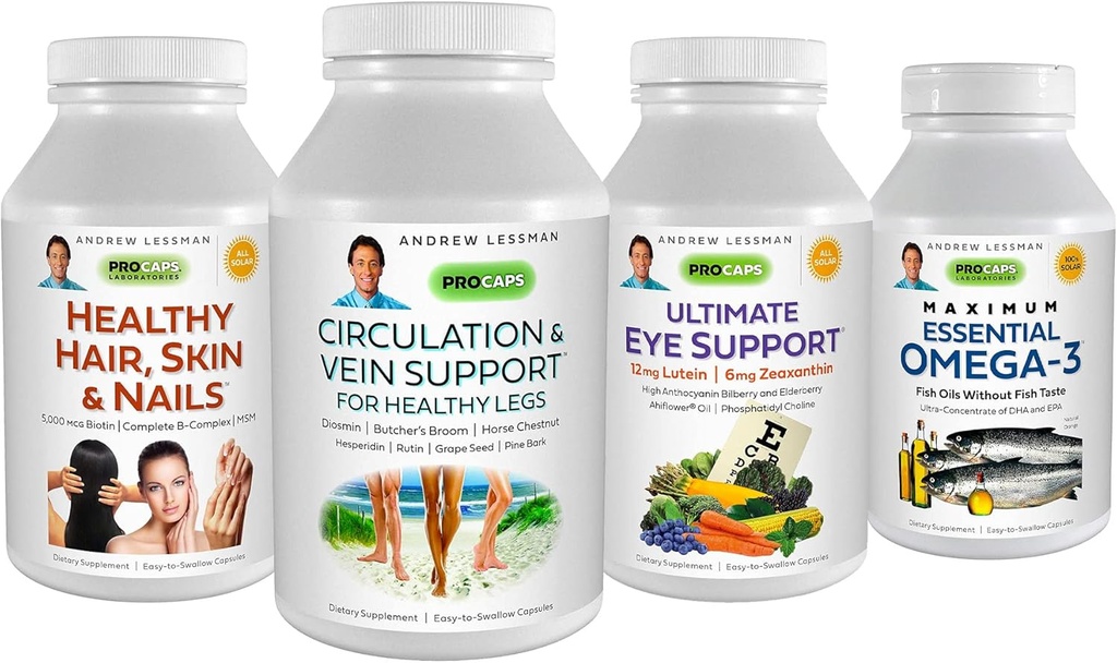 ANDREW LESSMAN 4 product favorieten van de klant bundel - 60 graaf Elk van Circulatie & Vein Ondersteuning, gezonde haren, huid en nagels, Ultimate Eye Support, en maximale essentiële Omega-3 (oranje)