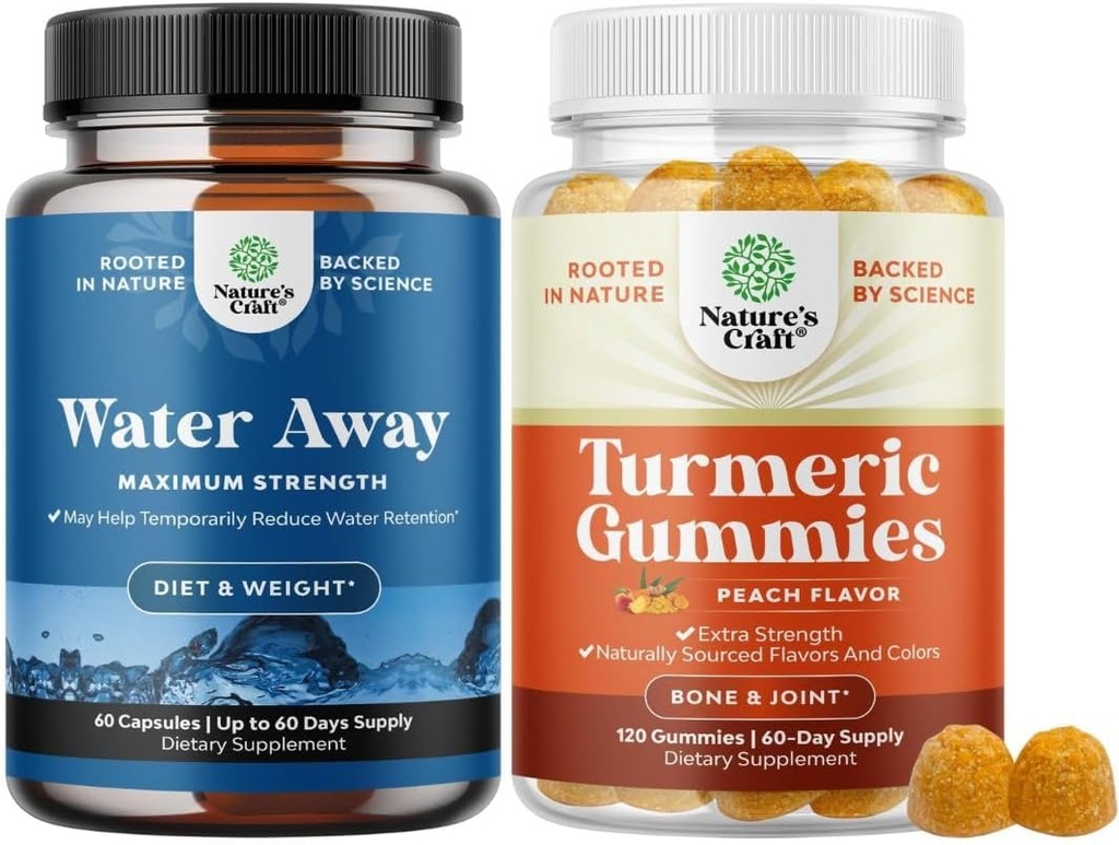 Bundel van water weg Pillen Maximale sterkte voor waterretentie voor snelle acting opgeblazen relief en Kurkuma Gummies voor volwassenen Perzik smaak - Extra sterkte gezamenlijke ondersteuning Gummies