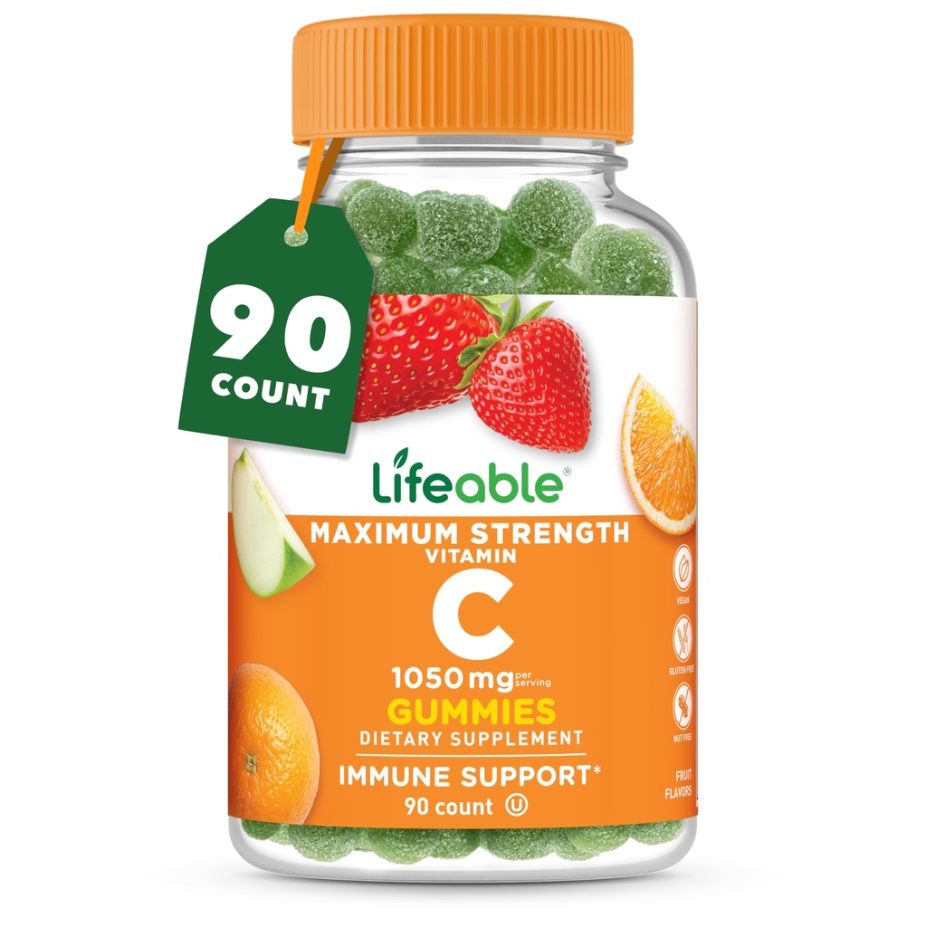 Levensvatbare vitamine C - Grote Proeverij Natuurlijke Smaak Gummy Supplement - Vegetarische GGO-vrije Kauwbare Vitaminen - voor Immune Ondersteuning - 90 Gummies (1050 mg)