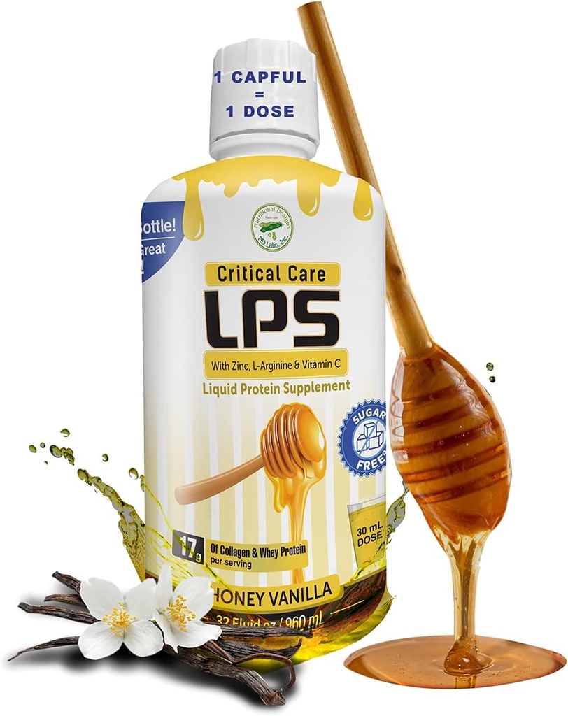 Voedingsdesigns LPS Liquid Collageen & Whey Protein Supplement, Sugar-Free, Non-GMO Drink, bevordert gezonde huid en haar voor mannen en vrouwen. (Critical Care) Honey Vanille