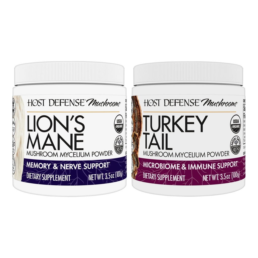 Host Defense Bundle with Lion's Mane Powder, 3.5 oz & Turkey Tail Mushroom Powder, 3.5 oz - Support Brain Health, Memory & Focus - Support Digestief & Immune Health