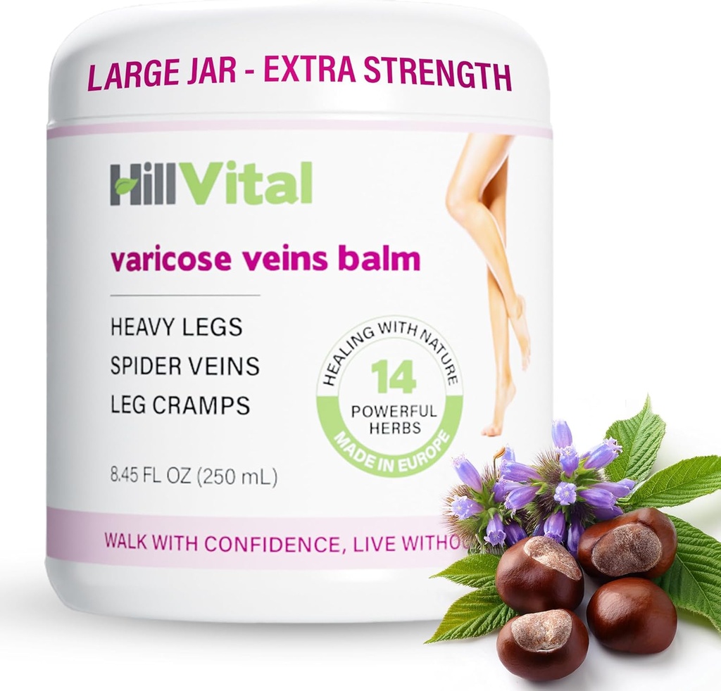 HillVital Varicose Veins Treatment for Legs, Natural Varicose Vein Cream & Spin Vein Treatment for Legs and Other Body Parts, Premium Horse Chestnut Cream for Puffed Veins, Infused with 14 Herbs