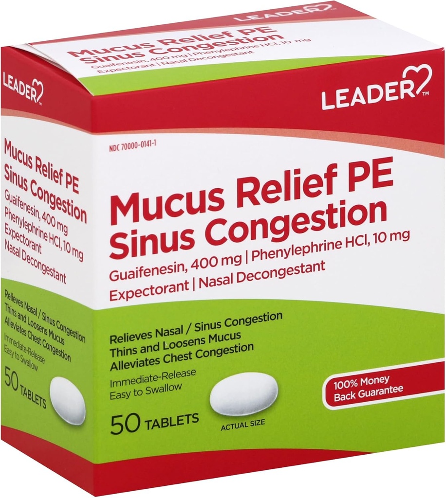 Leader Mucus Relief PE Sinus Congestie, Expectorant; Nasal Decongestant, Thins and Loosens Mucus, Immediate-Release, Alleviates Borstcongestie, 50 tabletten