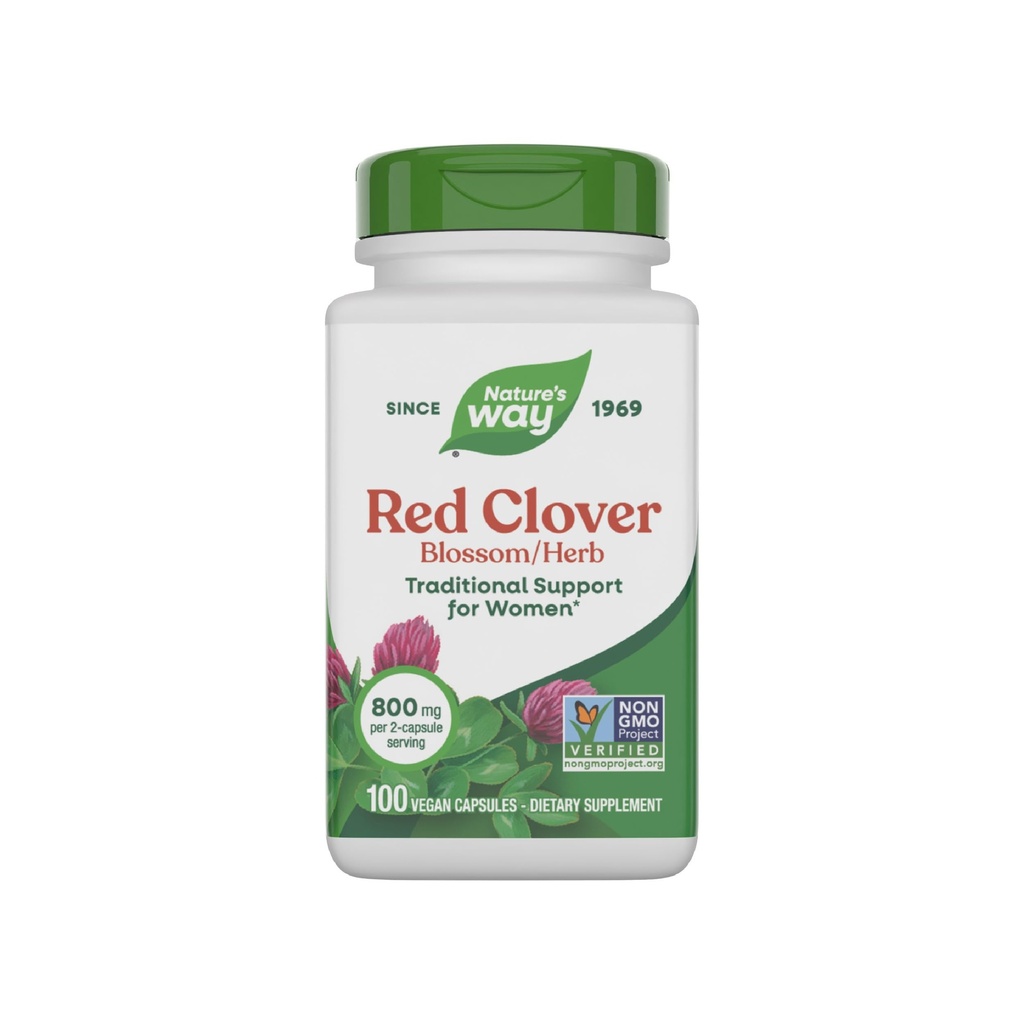 Nature's Way Red Clover Blossom Herb, soutien à la santé traditionnelle pour les femmes*, 800 mg par portion de 2 capsules, projet non-OGM vérifié, supplément de trèfle rouge, 100 capsules végétaliennes (paquetage May Vary)