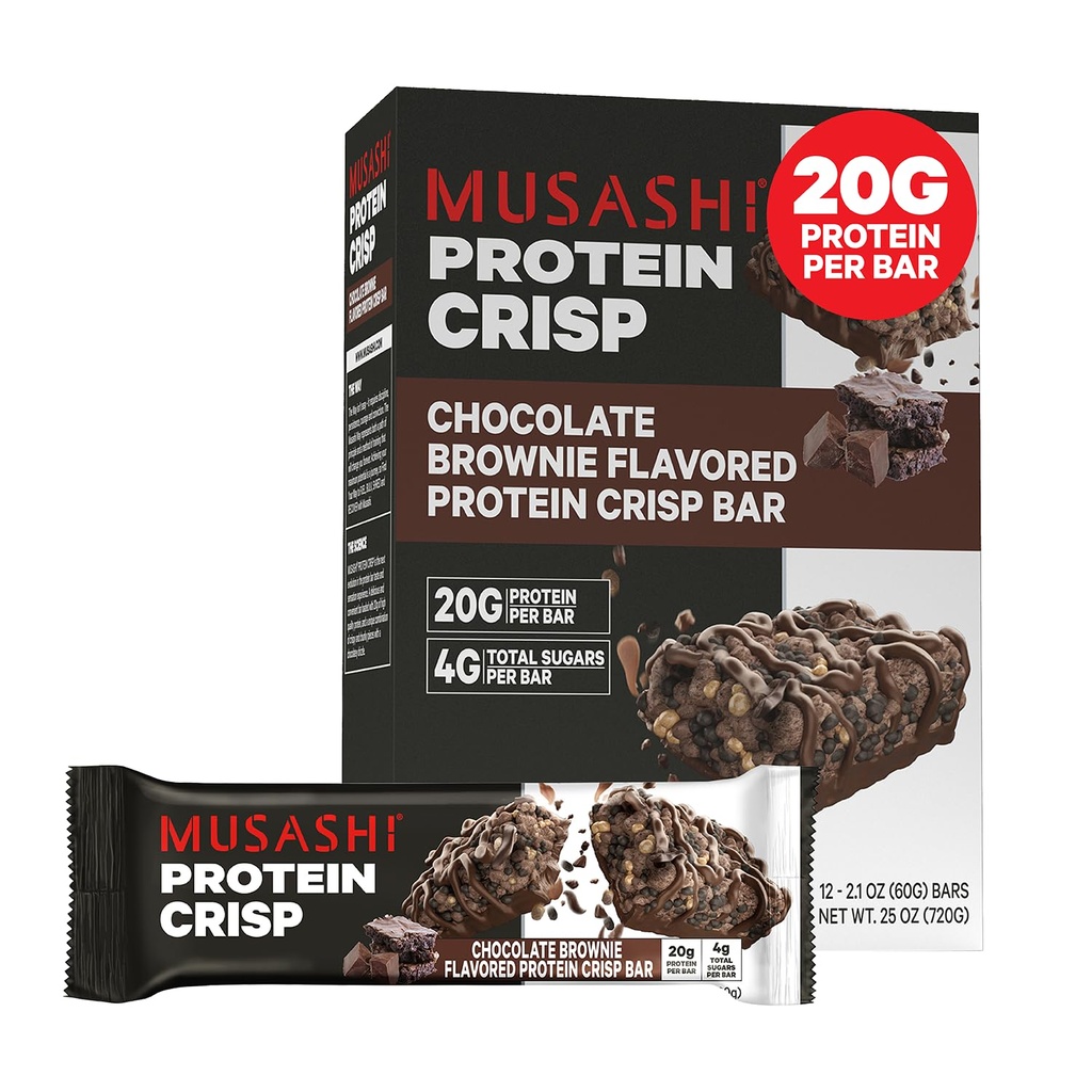 MUSASHI Protein Crisp Bar, 20g Proteïne, 4g Totaal Suikers, Chocolade Brownie, Post Workout en Snack On The Go, 12 Pack van 2.1oz (60g) Bars
