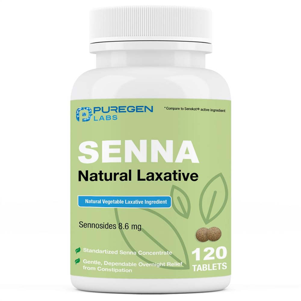 Puregen Labs Senna 8,6 mg Comprimés (120 Nombre) – Sennosides naturels laxatifs végétaux pour la constipation, le gonflement, le gaz, le soulagement de l'irrégularité