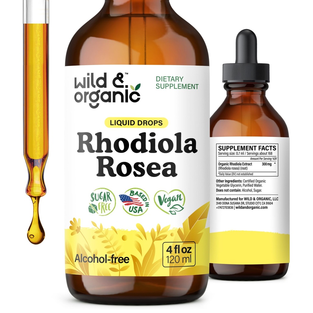 Wild & Organic Rhodiola Rosea Tinctuur - Rhodiola Rosea Supplement for Mood Support - Relaxing Root Extract Liquid Drops - Vegan, Sugar & Alcohol-Free - 4 fl oz