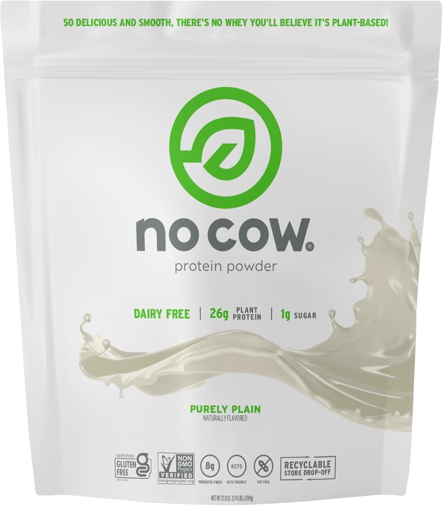No Cow Vegan Protein Powder, Purely Plain, 26g Plant Based Protein, Recyclable Bag, Dairy Free, Soy Free, No Sugar Added, Keto Friendly, Gluten Free, Naturally Sweetened, Non GMO, Kosher, 1,74 Pond