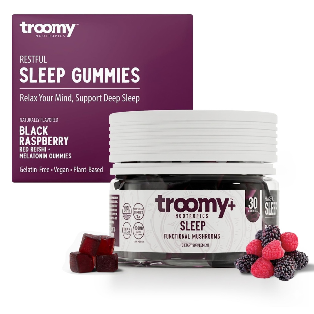 Troomy Sleep Reishi + Melatonine Grote Proef Paddestoelen Gummies - Ondersteunt rustgevende slaap - Zwarte Raspberry - 30 Tellen