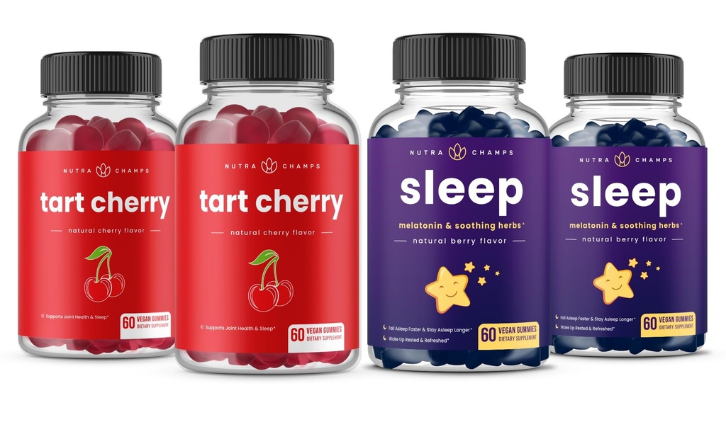 NutraChamps Tart Cherry (2 Pack) & Slaap Gummies (2 Pack) Bundlle voor slaap &amp; spier ondersteuning