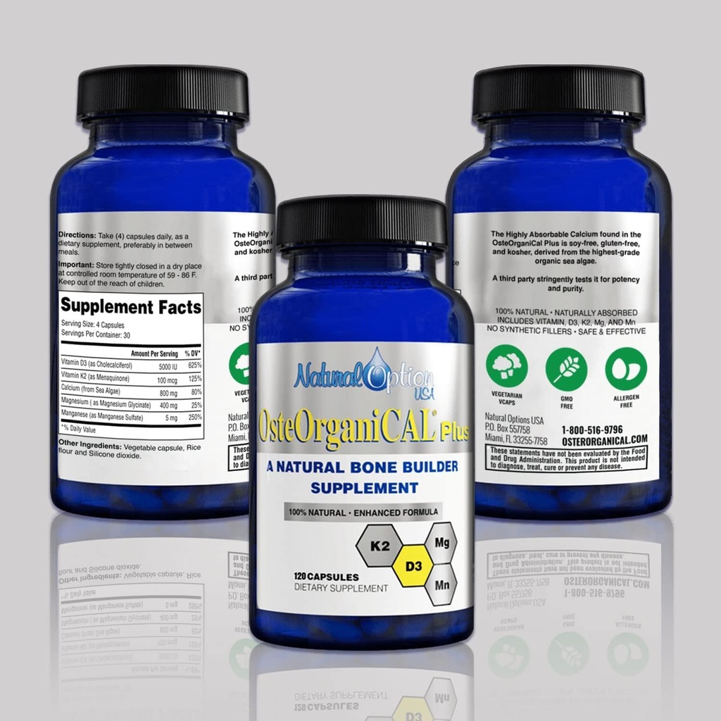 Plus - Biologische plantaardige basisbron van calciumsupplement met vitamine D3, k2, Magnesium Glycinaat en Mangaan (360 aantal) Verpakking van 3 flessen