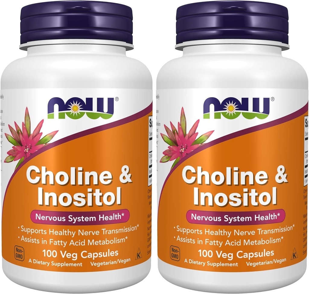 NOW Supplementen, Choline & Inositol 500 mg, Gezonde Zenuwtransmissie*, Zenuwstelselgezondheid*, 100 Capsules (verpakking van 2)