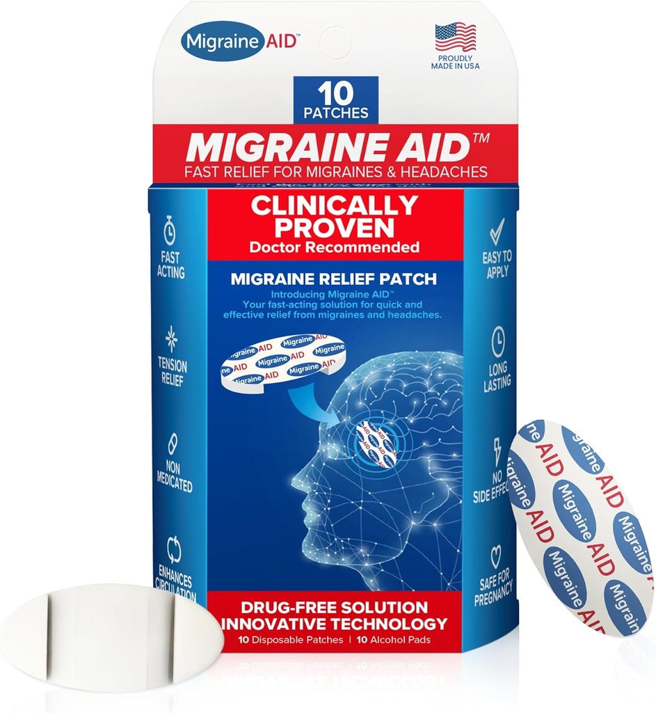 migraine AID Patches de soulagement de la migraine - Agissant rapidement, support non dédié pour la tension de la tête, facile à appliquer Patches de maux de tête, sans danger pour l'usage quotidien, 10 Patches de migraine jetables, fabriqués aux États-Unis