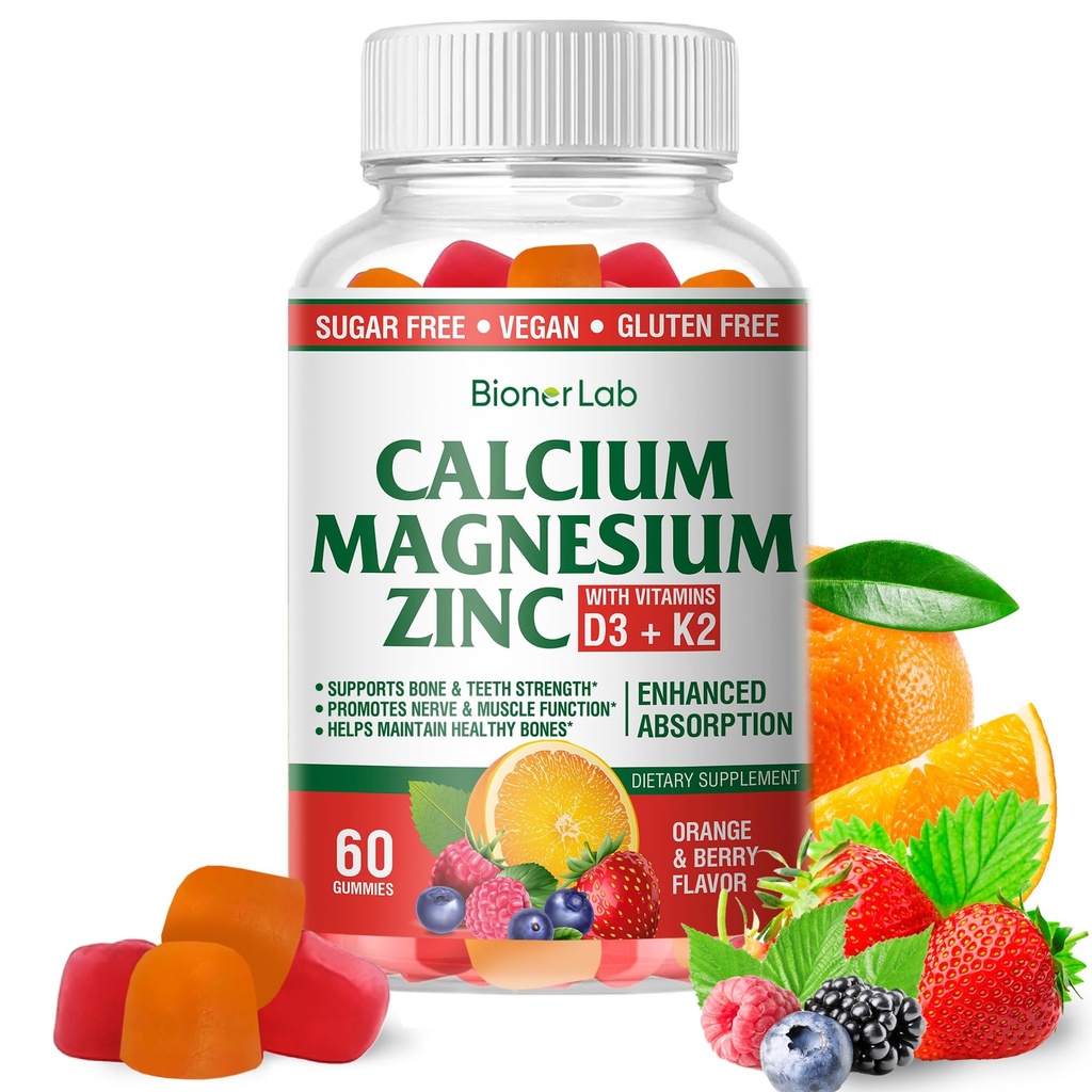 BionerLab Calcium Magnésium Zinc Gommies avec Vitamine D3 & K2 - Absorption améliorée de haute puissance - Orange et aromatisé aux baies