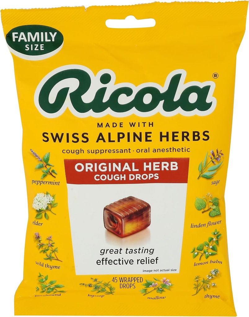 Ricola Original Herb Cough Drops, 45 Count, Cough Suppressant & Throat Relieving Drops with Naturally Sourced Menthol, Pleasing Herbal Taste for Coughs & Throat Irritation Symptoom Relief