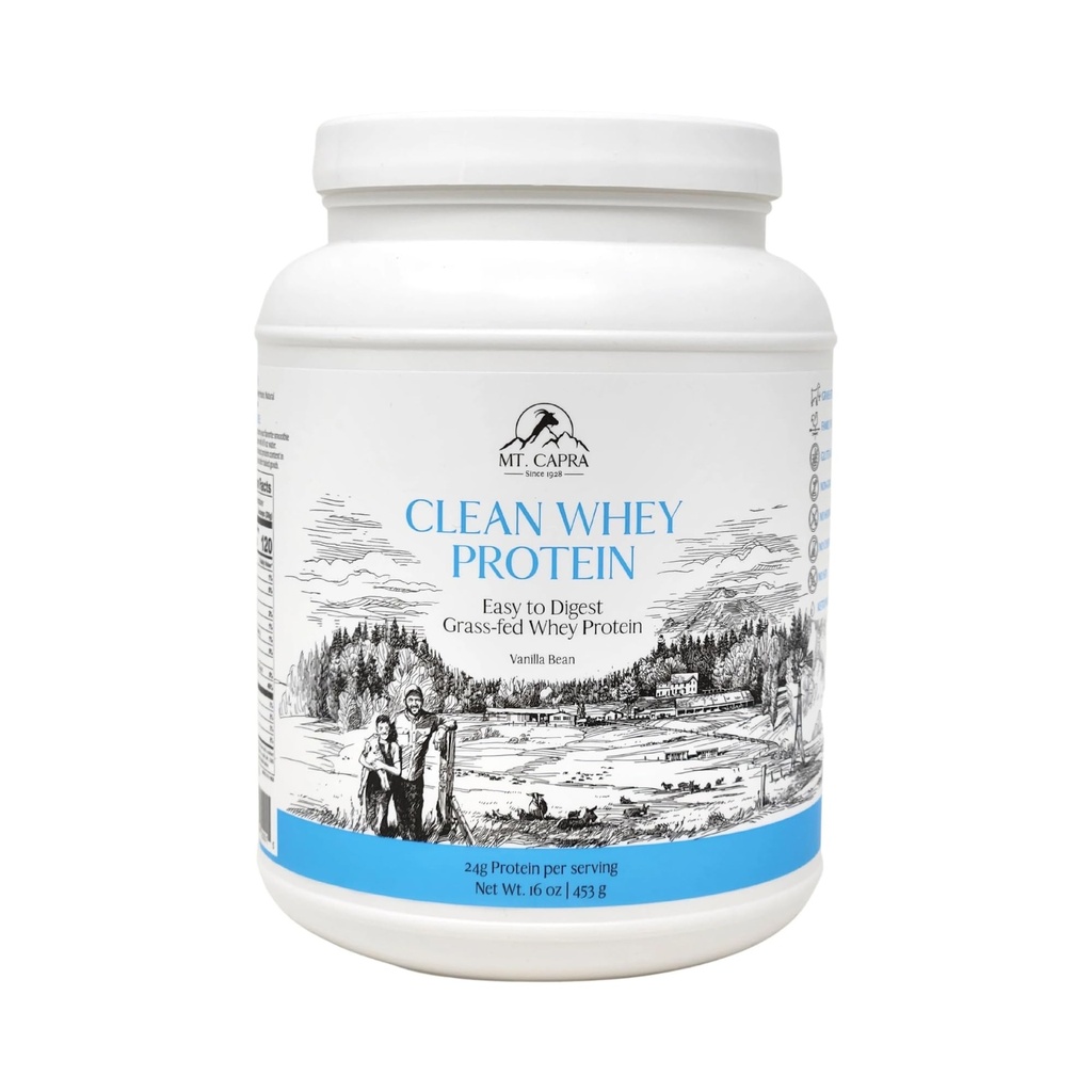 Mt. Capra Clean Whey Protein | Grass-Fed Undenatured Goat Whey Protein Powder | 24 g Protein Per Serving, All Natural, Non-GMO, High in Branch Chain Amino Acids | Vanilla Bean | 15 Servings - 16 oz