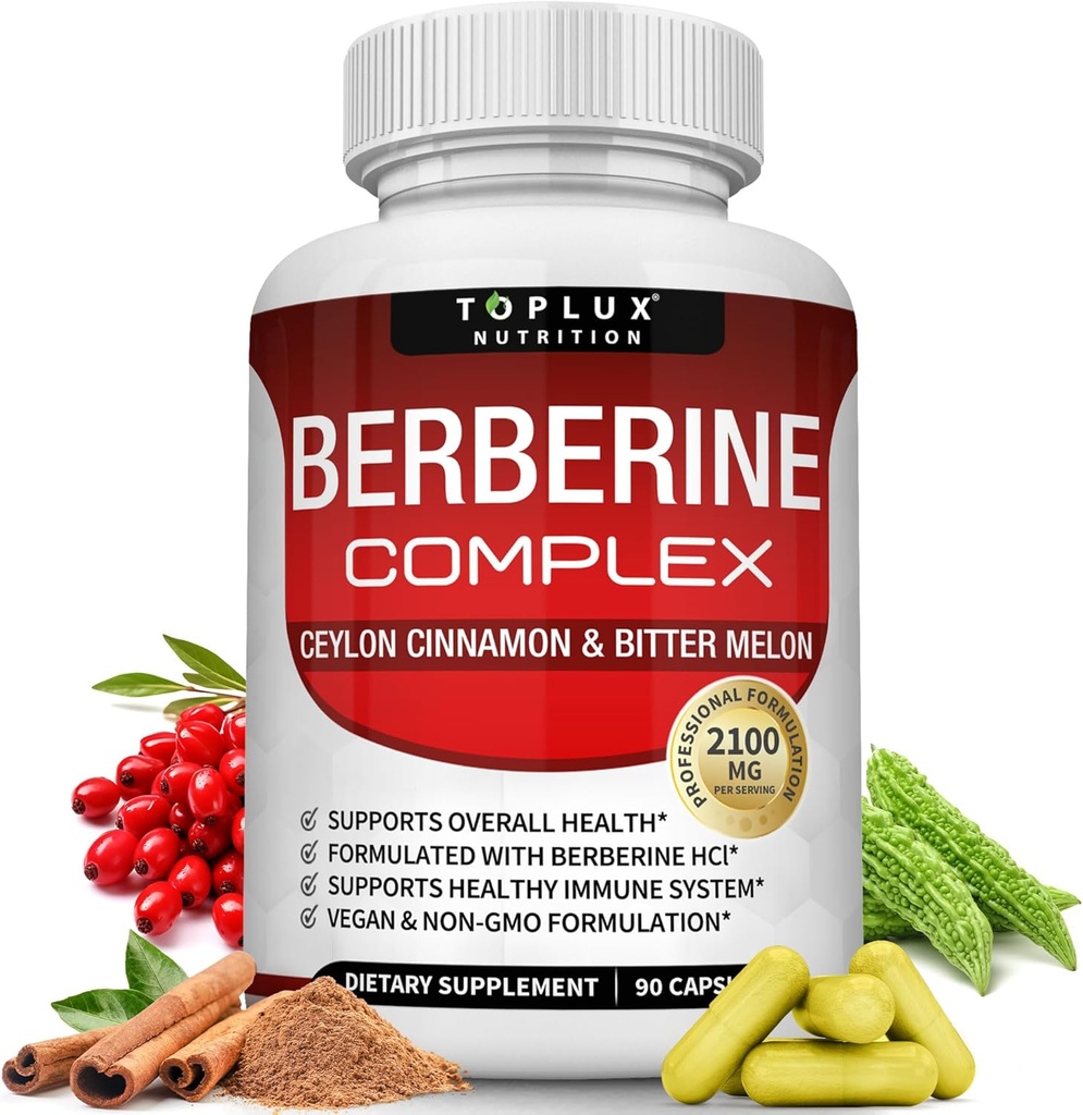Toplux Berberine met Ceylon Cinnamon en Bitter Melon 2100mg - Hoge zuiverheid 97% HCL Berberine Supplement, Ondersteunt algemene gezondheid en immuunsysteem, niet-GMO Vegan 90 Capsules