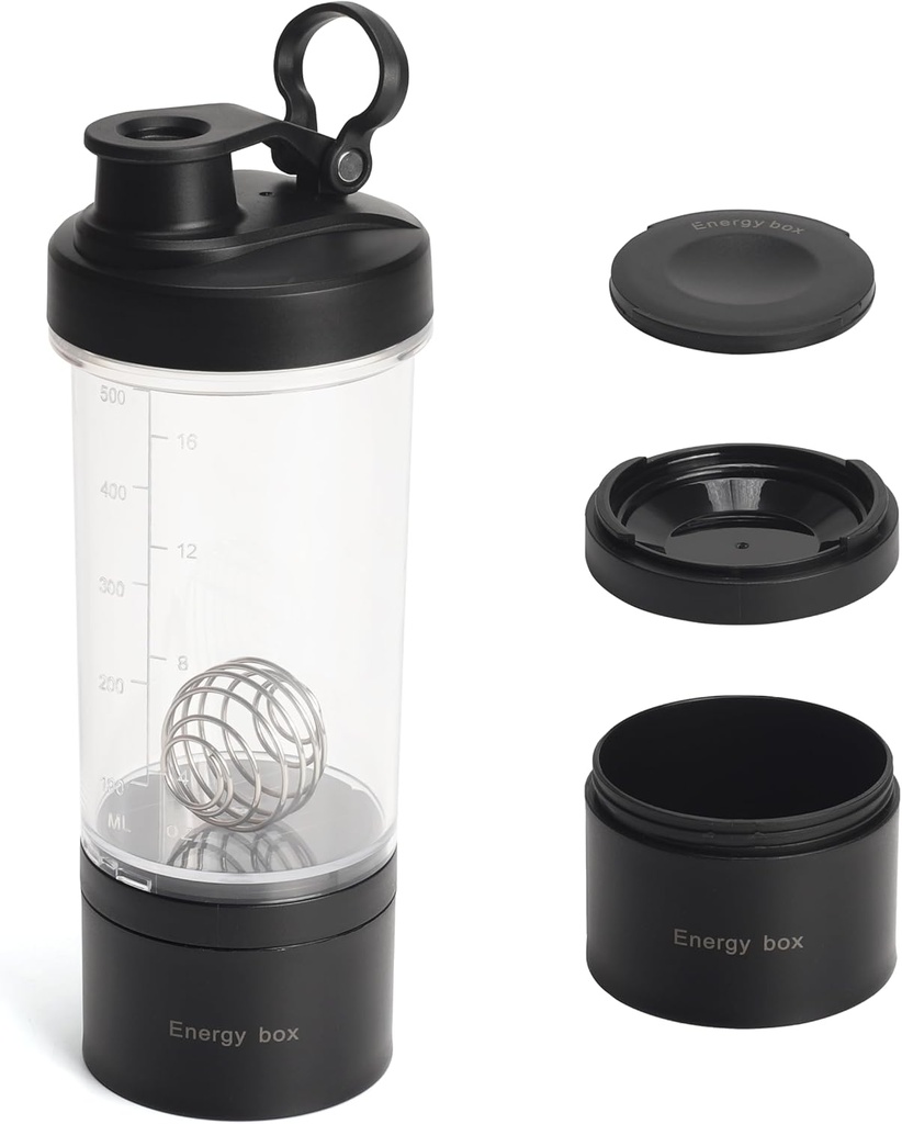 Blender Proteïne Shaker Tritan fles met pil / Powder opslag container voor eiwit Shakes-pre workout fles-Mixer Cup-Gym Sport waterfles met draad Whisk ballen zwart