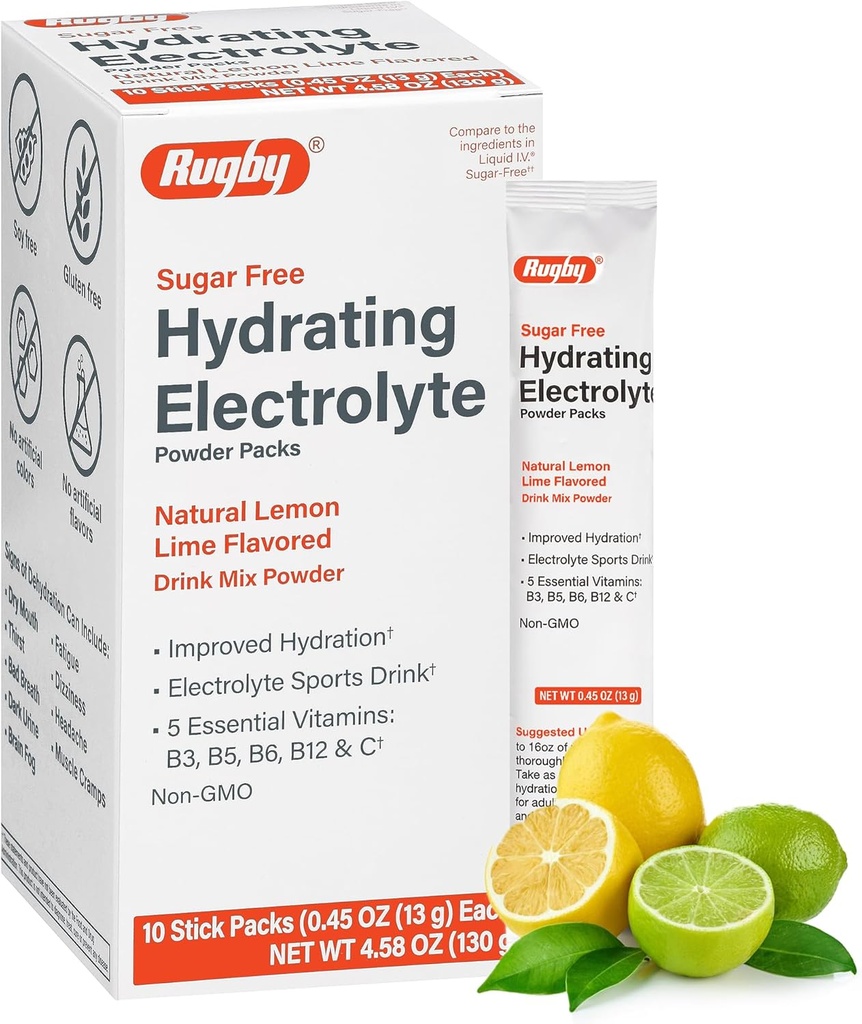 rugby sans sucre hydratant les boîtes de poudre d'électrolyte - Boissons Mélanger les paquets de poudre avec 5 vitamines - Hydratation améliorée - Arôme naturel citron-lime - 10 Stick Packs - 0,45 Oz Chaque (1 Pack)