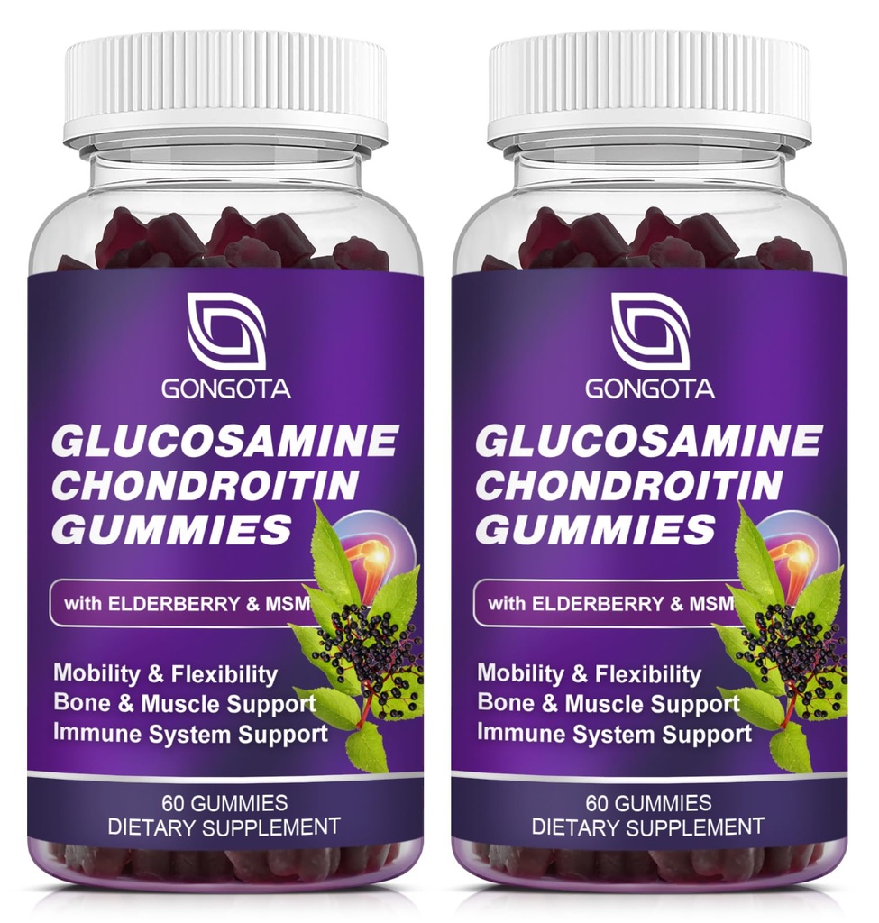 Glucosamine Chondroitin Gummies - 2-pack, Extra Strength 1500mg Glucosamine met MSM & Vlierbes, Flexibiliteitsondersteuning, Beste Cartilage & Immune Support Supplement voor mannen en vrouwen - 120 telling