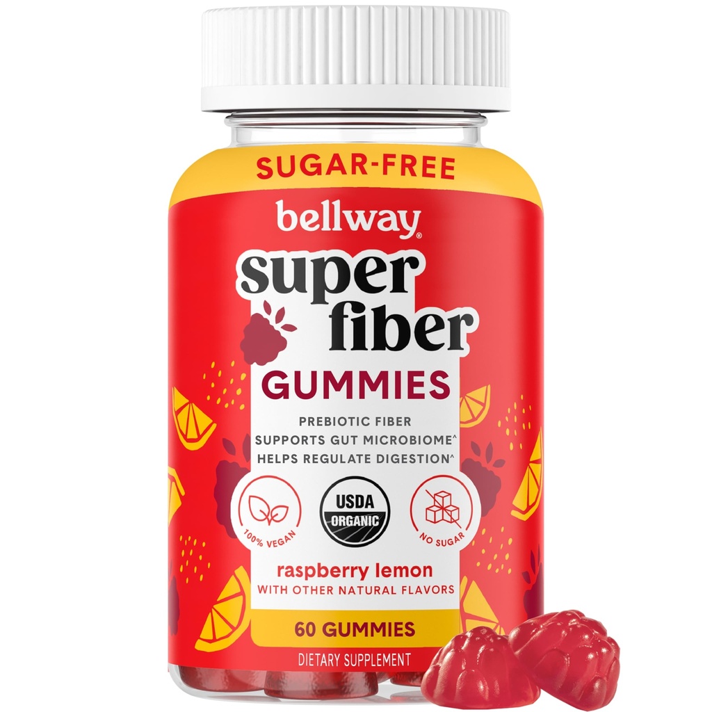 Bellway Super Fiber Gummies voor volwassenen - Suikervrij biologisch vezelsupplement Gummies met 4g vezels per portie - Prebiotic Chicory Root Fiber voor de spijsvertering Gut Health, Raspberry Lemon, 60 Tellen