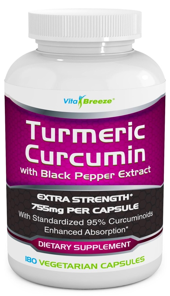 Kurkuma Curcumine Complex with Black Pepper Extract - 755mg per capsule, 180 Veg. Caps - Bevat Piperine (voor Superior Absorptie en Tumerische Bio-Beschikbaarheid) en 95% gestandaardiseerde CurcumaÔden
