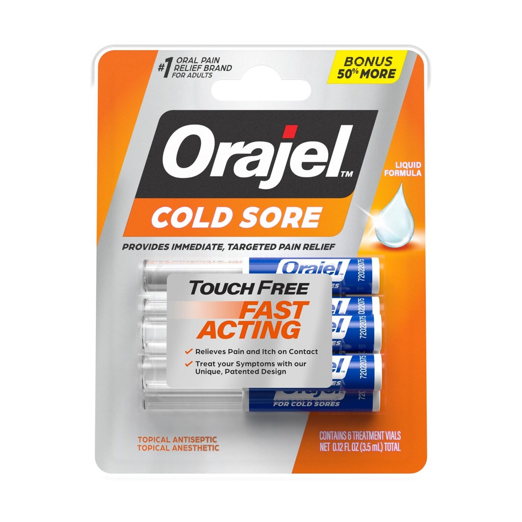 Orajel Touch Free Cold Sore Treatment .12oz, vloeibare formule, biedt onmiddellijke & gerichte pijnverlichting, Bonus grootte, 6 Applicators.