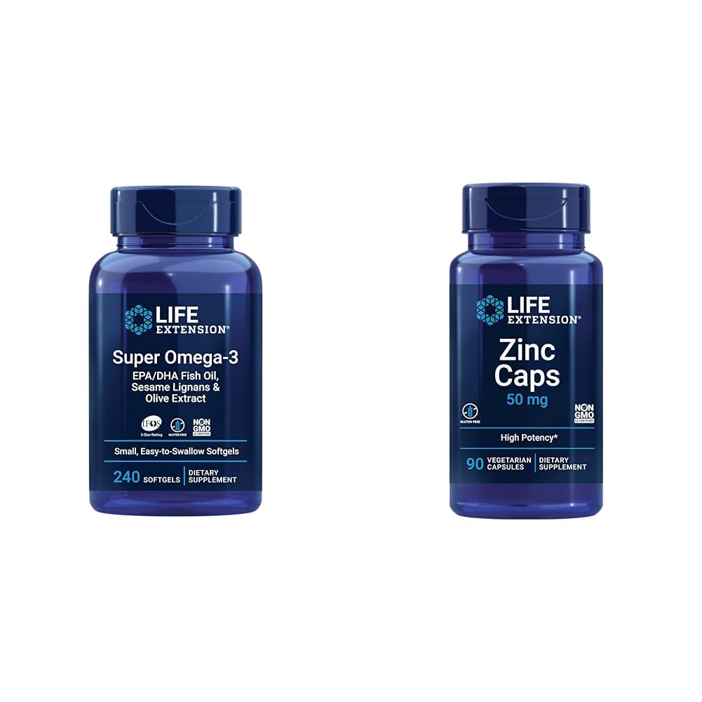 Life Extension Super Omega-3 EPA/DHA Fish Oil, Sesam Lignans & Olive Extract - Omega 3 Supplement & Zink Caps, zink 50 mg, zink Citraat, ondersteuning van het lichaam Immuun verdediging