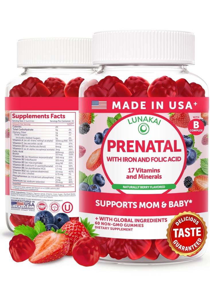 Lunakai USA Made Prenatale Vitaminen met ijzer en foliumzuur - Delicious Zwangerschap Multivitamine Gummies voor vrouwen, 60 Tellen