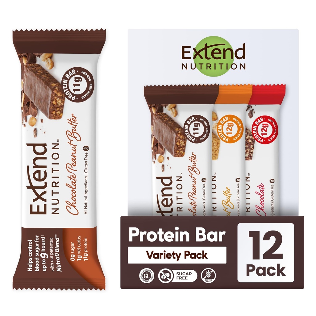 Verleng suikervrije proteïnerepen, perfecte diabetische snacks, hoog eiwit en vezels, hongerbestrijding en vaste energie, lage carb, Keto vriendelijk (12 telling, variety Pack)