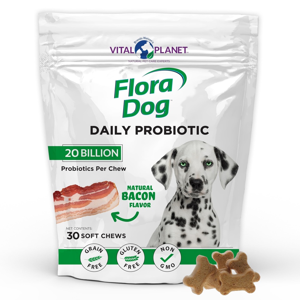 Vital Planet - Flora Honden Probiotica, Honden Kauwen Supplement met 20 miljard Culturen en 11 Strains, Immune en Digestieve Ondersteuning Kauwbare Probiotica voor Honden, 30 Natuurlijke Bacon Flavored Zachte Kauwen