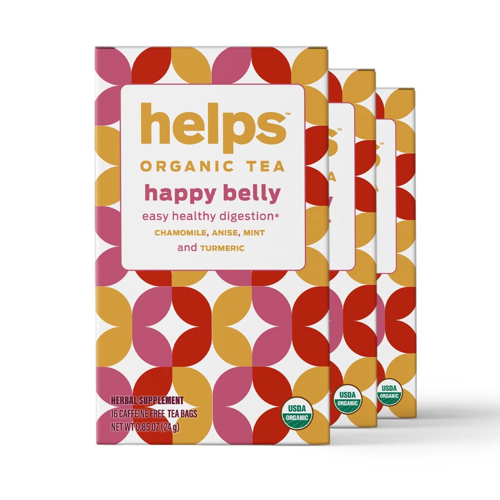 HELPS TEAS Helpt Happy Belly Tea Biologische Kruidenthee met groene Anijs, Kamille, Munt en Kurkuma 16 Theezakjes - Verpakking van 3