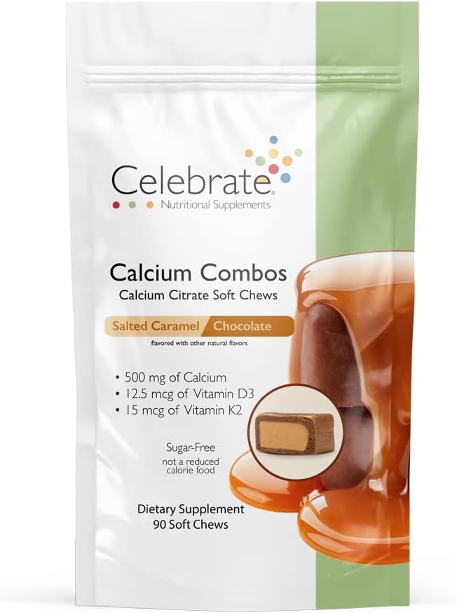 Célébrez les vitamines Bariatric 500mg Citrate de calcium Combo doux avec 500 UI de vitamine D3 – Essentiel pour les patients de passage gastrique et santé des os - sans sucre et sans gluten, chocolat caramel (90 Chews)