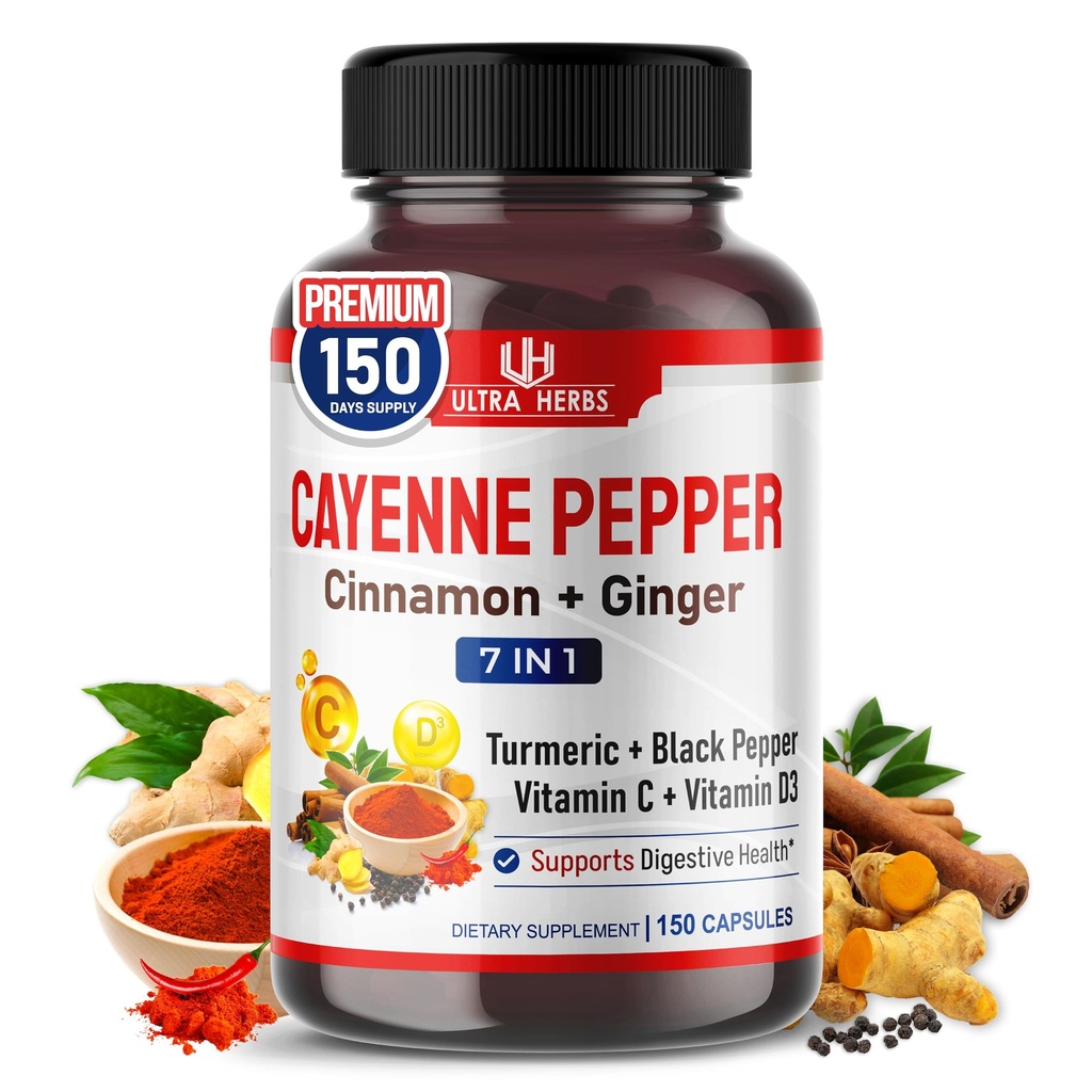 Cayenne Pepper 7 in 1 - - met gember, kurkuma, kaneel, zwarte peper - bevordert de functie van het spijsverteringssysteem (150-daagse levering (pakket van 1))
