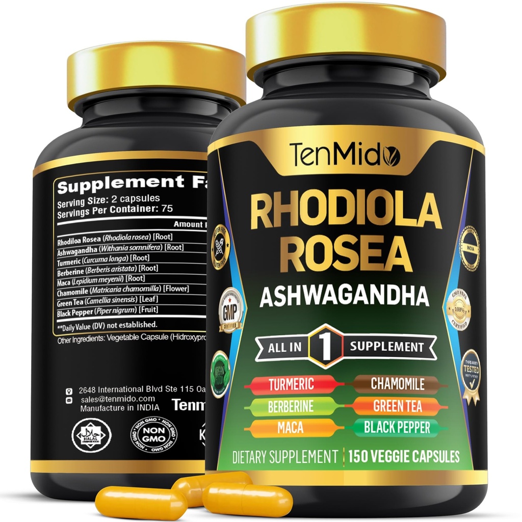 Rhodiola Rosea Supplement - 8in1 Formula - Combineer met Ashwagandha, Turmeric, Berberine, Maca, kamille, groene thee en zwarte peper - Nutrient Rich - 150 Vegan Capsules