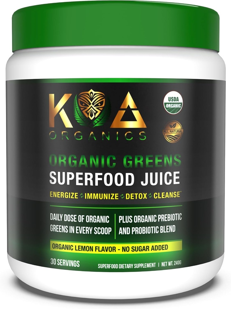 Greens Superfood Juice Powder - USDA Organic Super Greens Powder with with Spirulina, Chlorella, Matcha, Tarwegras, Digestieve Enzymen & Probiotica - Citroensmaak -30 ServQ